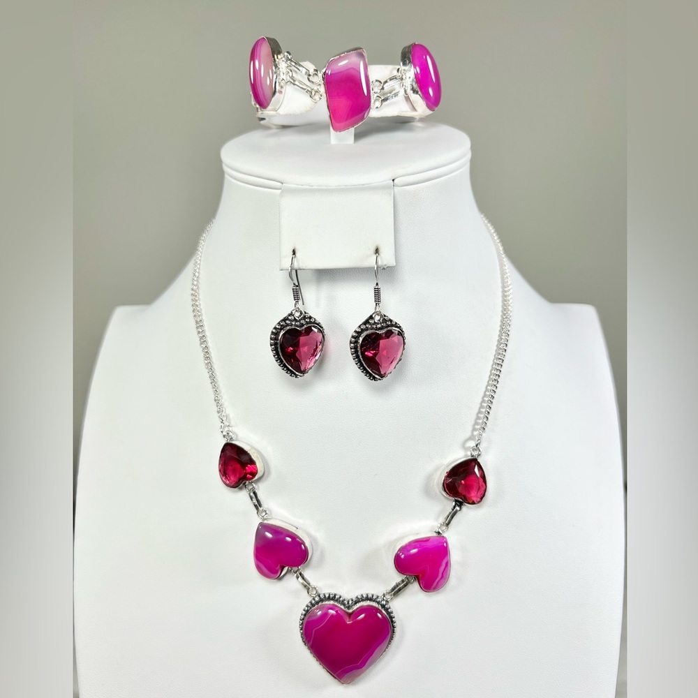 Pink Botswana Agate 925 Heart Necklace, Bracelet & Earrings ONLY